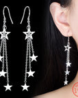 925 Sterling Silver Star Drop Earrings with Multi-Layer Chains for Women.