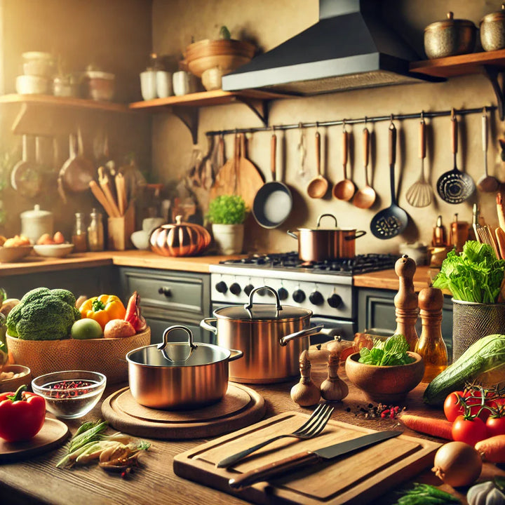 A well-equipped kitchen with cooking essentials, fresh ingredients, and utensils, perfect for meal preparation