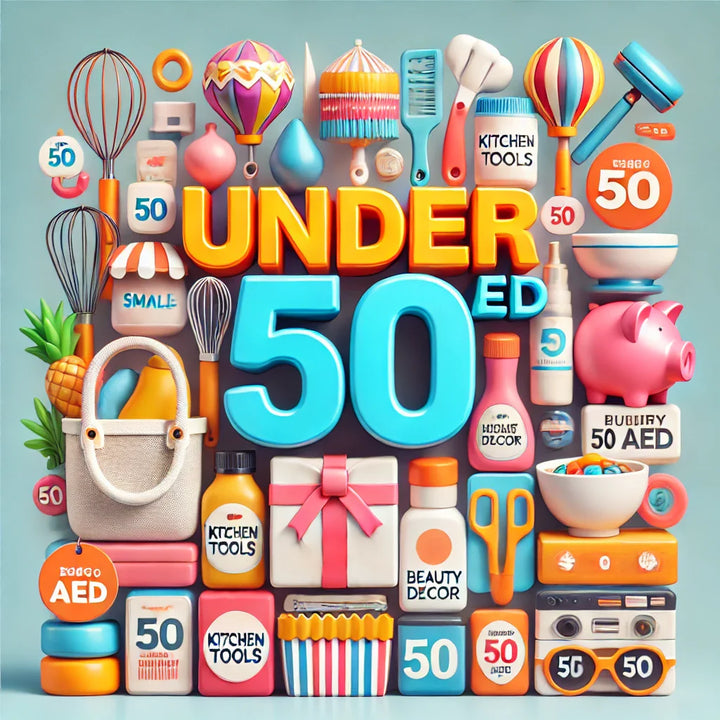 a vibrant shopping scene with various affordable items under 50 AED, perfect for an "Under 50 AED" shopping promotion.