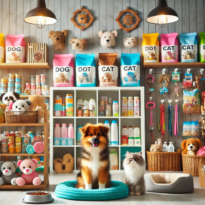 representing a cozy pet store scene with various pet supplies, including dog food, cat toys, pet beds, grooming products, and leashes.