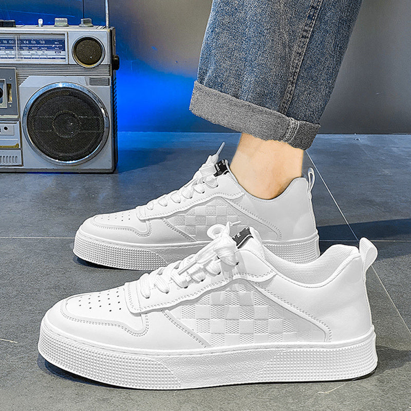 White Casual Lace-up Sneakers for Men Breathable Plaid Flats Shoes