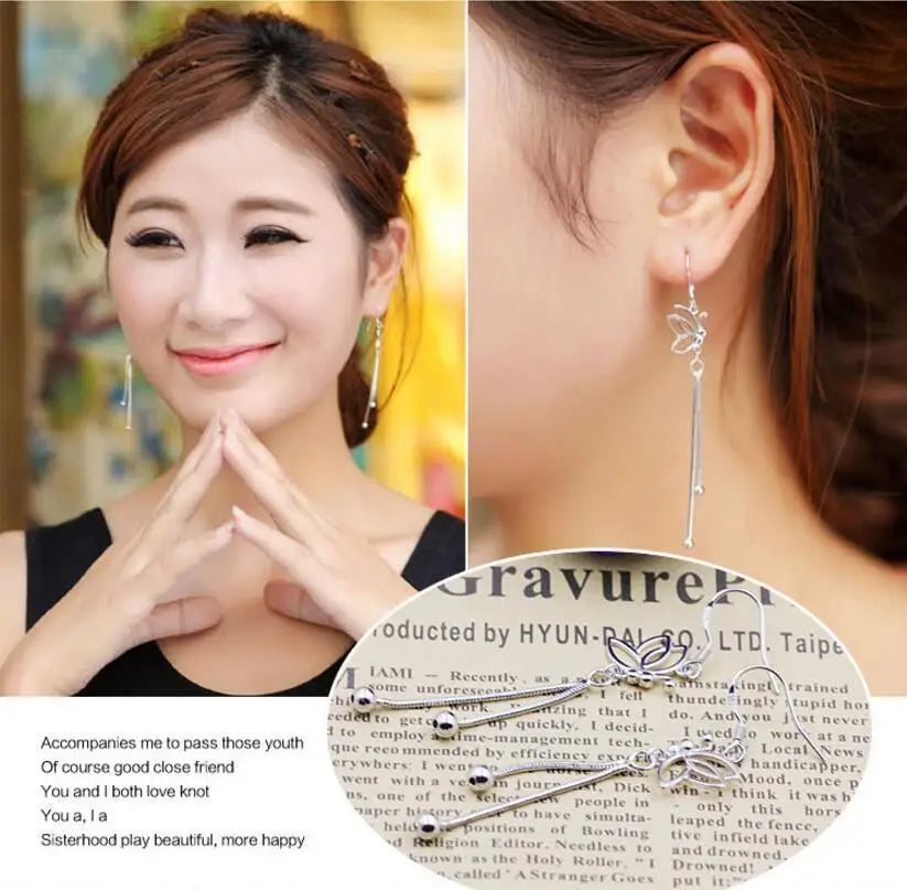 925 Sterling Silver Butterfly Earrings Long Tassel Drop Design