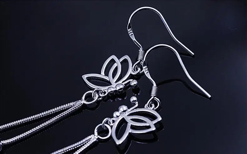 925 Sterling Silver Butterfly Earrings Long Tassel Drop Design