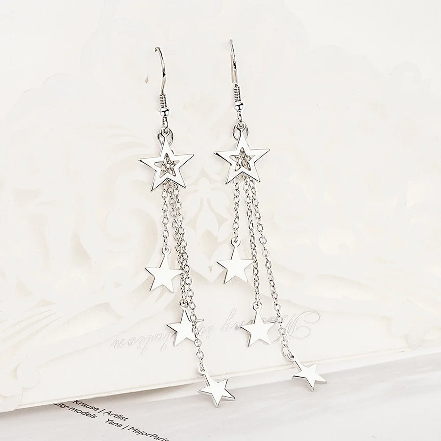 925 Sterling Silver Star Drop Earrings with Multi-Layer Chains for Women