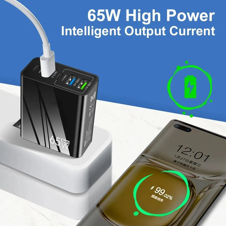 65W Fast Charger with PD & 3 USB Ports – Multi-Interface Travel Adapter 3.1A