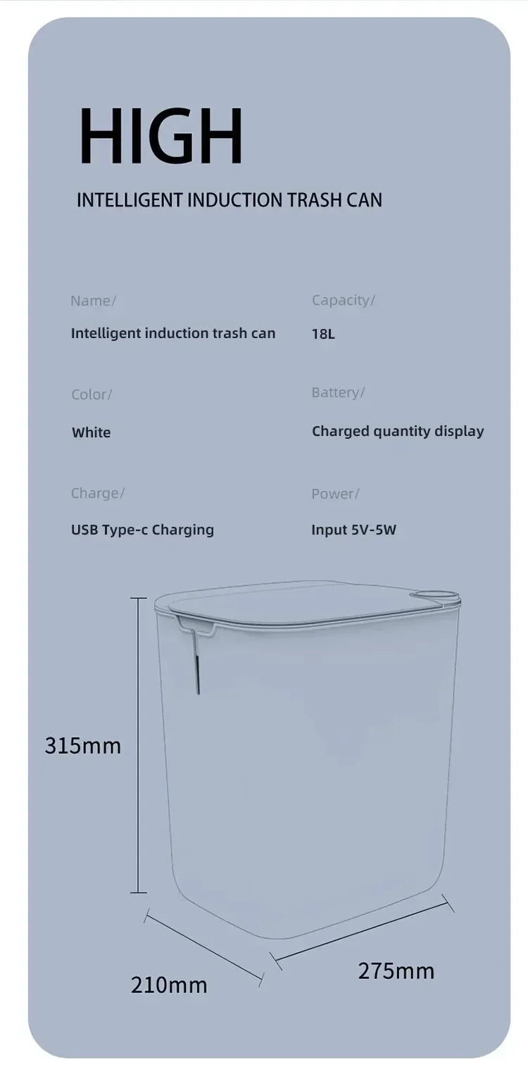 Smart Sensor Trash Bin 18L - Automatic, Rechargeable Wastebasket