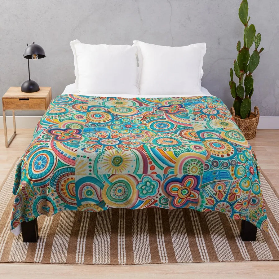 Colorful Mandala Throw Blanket – Joyful Floral Design in Blue, Yellow, Green, Red | Cozy Flannel for Home Deco.