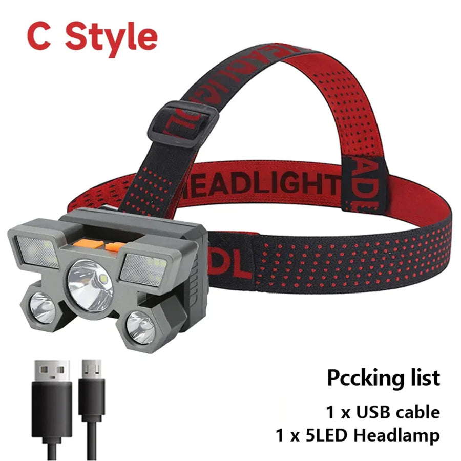 5 LED Rechargeable Flashlight with Built-in Battery – Ultra-Bright Headlamp for Camping, Fishing & Adventure