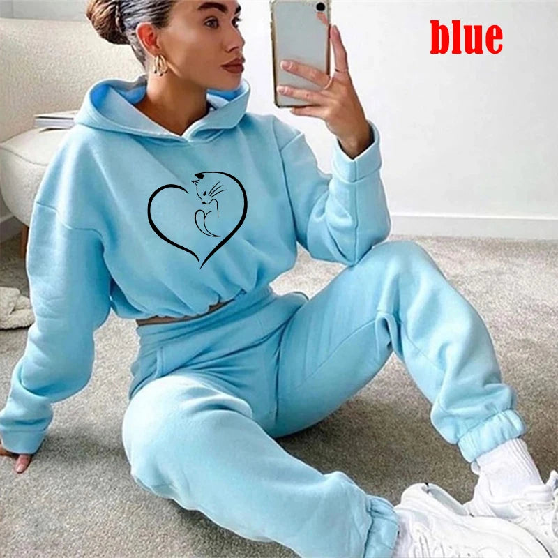 Hooded Women’s Tracksuit Fashion Jogging Set with Cropped Hoodie & Sweatpants
blue