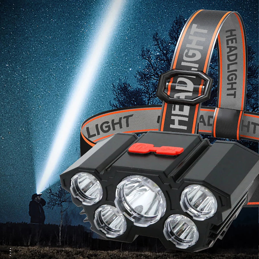 5 LED Rechargeable Flashlight with Built-in Battery – Ultra-Bright Headlamp for Camping, Fishing & Adventure