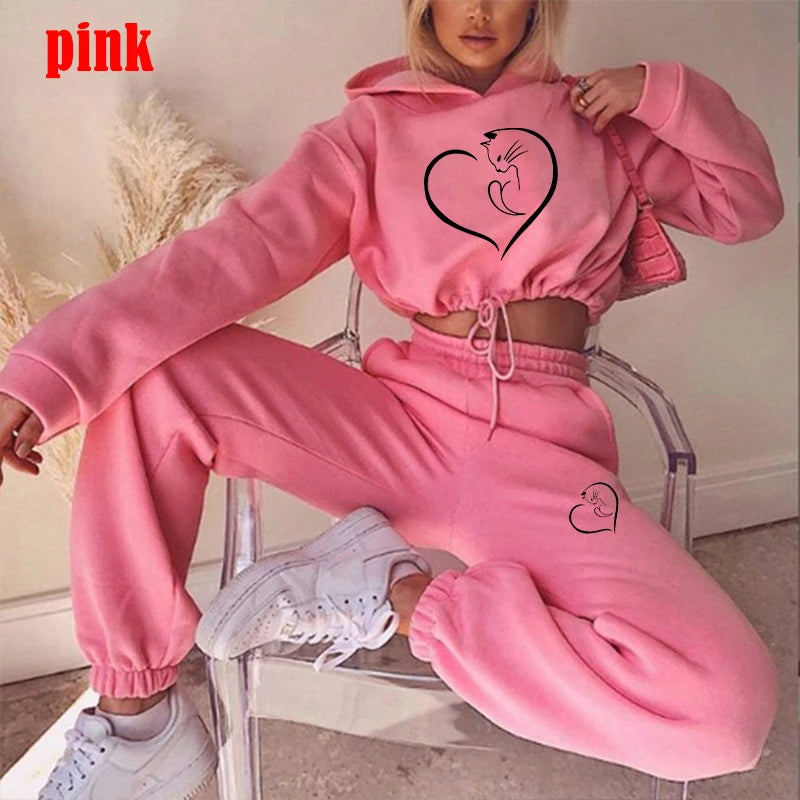 Hooded Women’s Tracksuit Fashion Jogging Set with Cropped Hoodie & Sweatpants
pink