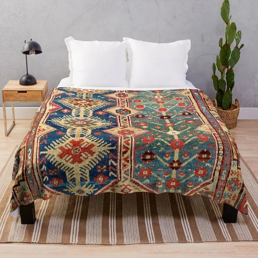 Cozy up with this Southwest Anatolian Rug Print Throw Blanket featuring a unique vintage rug design in soft flannel. Perfect as a custom sofa quilt for rustic or boho deco