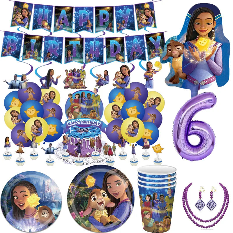 Wish Disney Princess Birthday Party Decorations | Asha Goat Balloons & Disposable Tableware | Plates, Straws, Napkins for Baby Shower Supplies