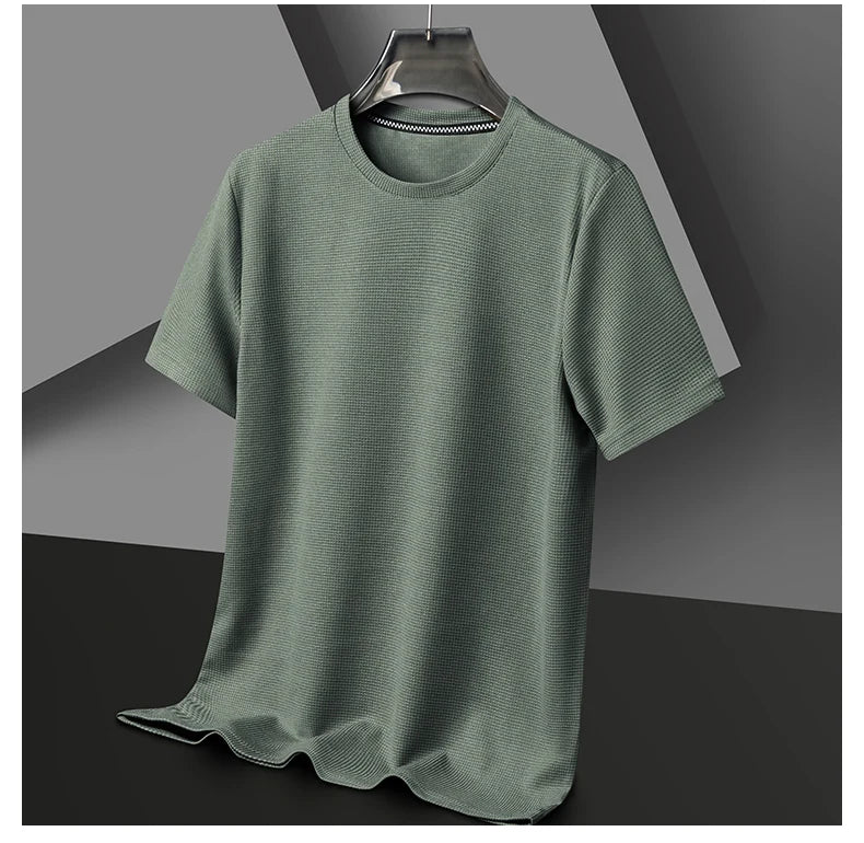 Men's Casual Waffle Knit Short Sleeve T-Shirt Round Neck Design
