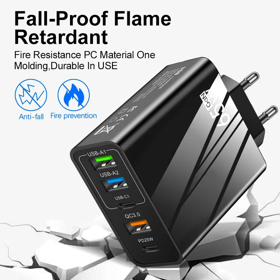 65W Fast Charger with PD & 3 USB Ports – Multi-Interface Travel Adapter 3.1A