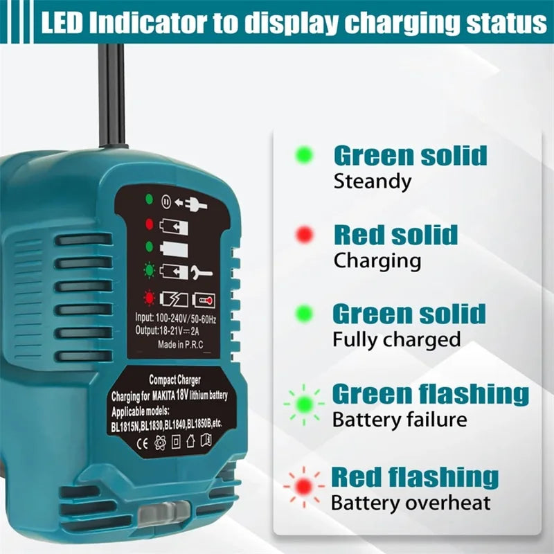 18V 22V Li-ion Battery Charger Fast Charging Replacement for Makita, Milwaukee, Dewalt, Bosch EU/US Plug