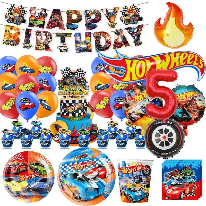 Hot Wheels Car Birthday Party Decorations - Disposable Tableware, Balloons, Cups, Plates & Tablecloths for Boys' Birthday & Baby Shower Supplies