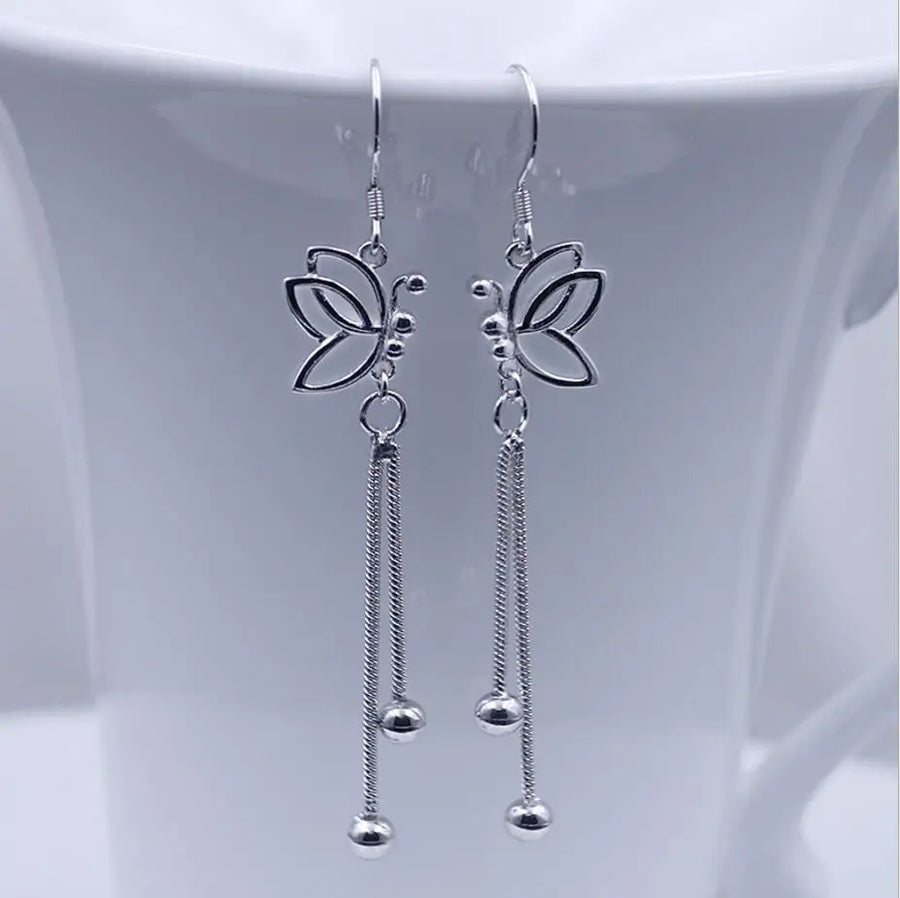 925 Sterling Silver Butterfly Earrings Long Tassel Drop Design