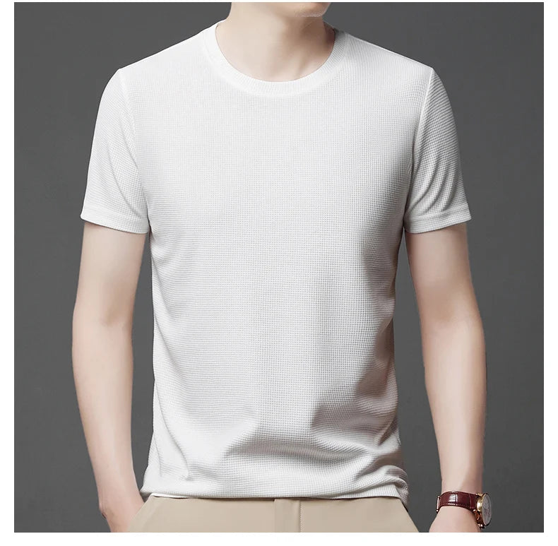 Men's Casual Waffle Knit Short Sleeve T-Shirt Round Neck Design
