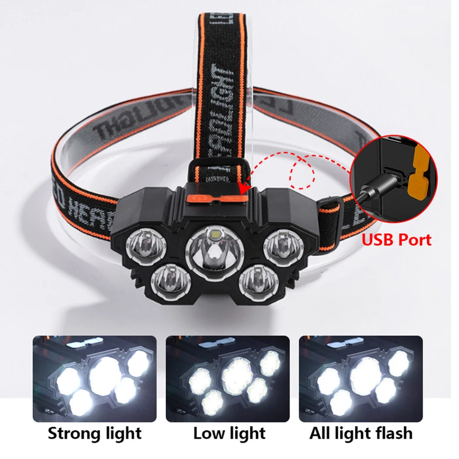 5 LED Rechargeable Flashlight with Built-in Battery – Ultra-Bright Headlamp for Camping, Fishing & Adventure