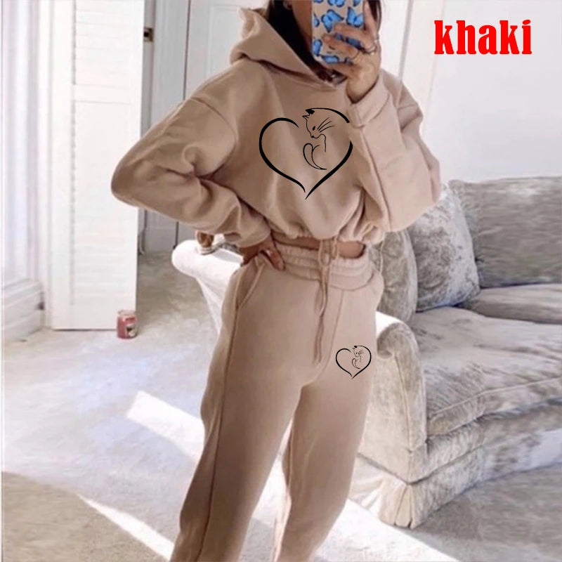 khaki Hooded Women’s Tracksuit Fashion Jogging Set with Cropped Hoodie & Sweatpants
