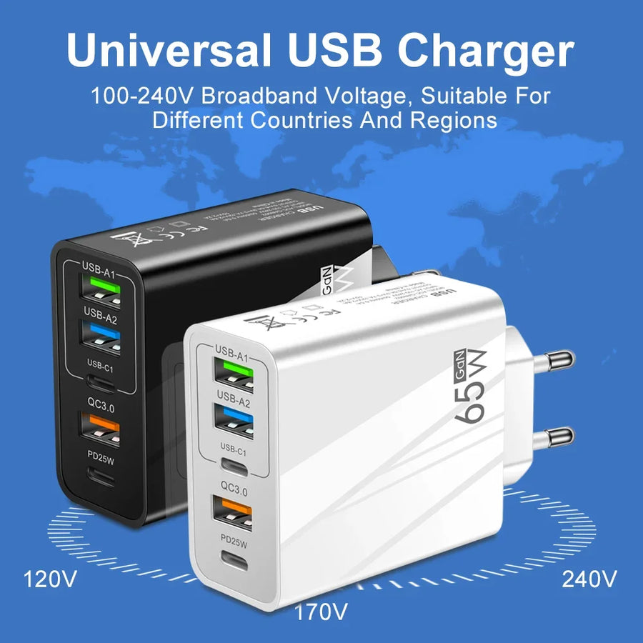 65W Fast Charger with PD & 3 USB Ports – Multi-Interface Travel Adapter 3.1A