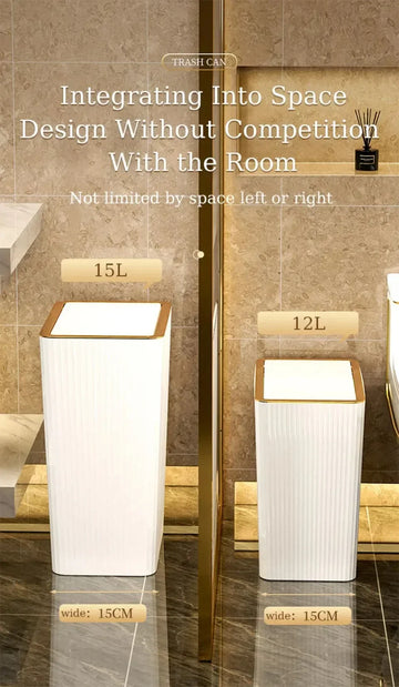 15L Nordic Gold Bathroom Trash Can Covered Slim Trash Can with One-Touch Lid for Bathroom Toilet Living Room Kitchen Bedroom