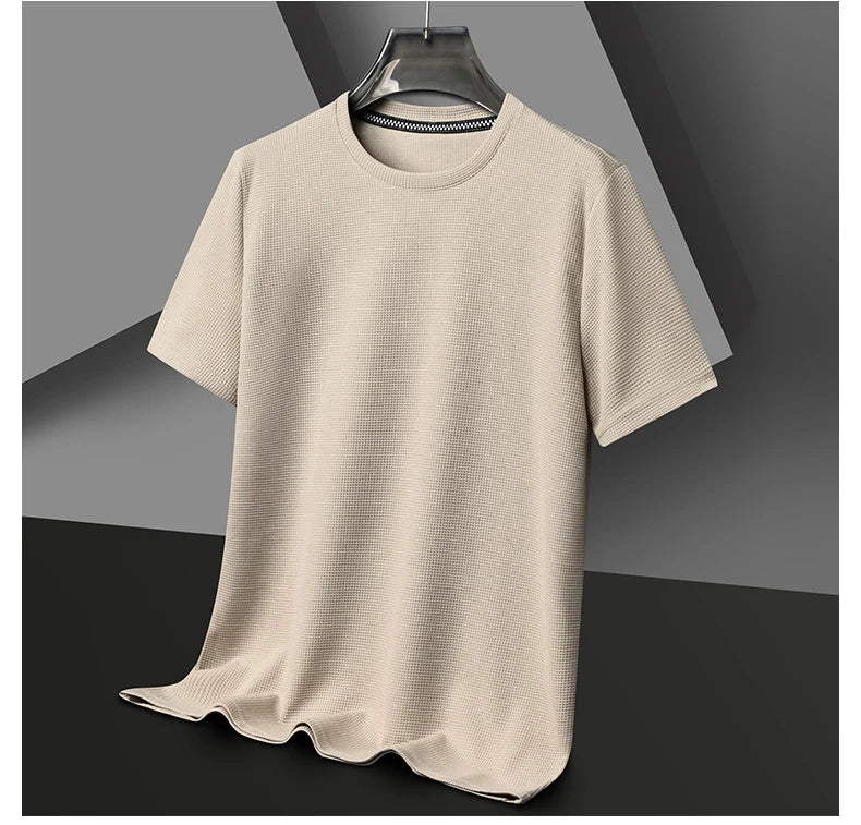 Men's Casual Waffle Knit Short Sleeve T-Shirt Round Neck Design
