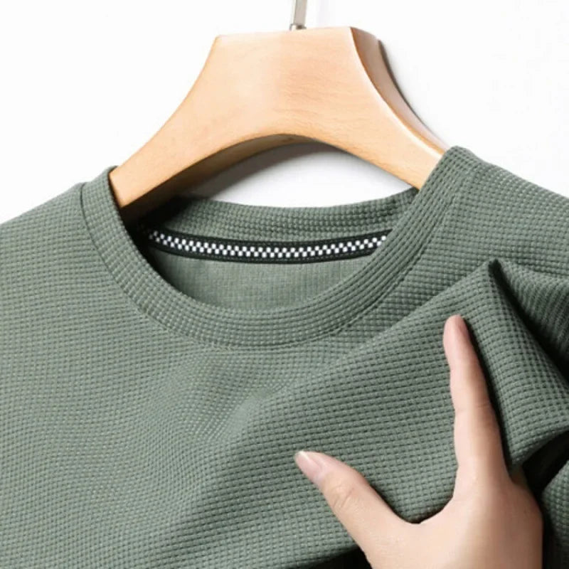 Men's Casual Waffle Knit Short Sleeve T-Shirt Round Neck Design
