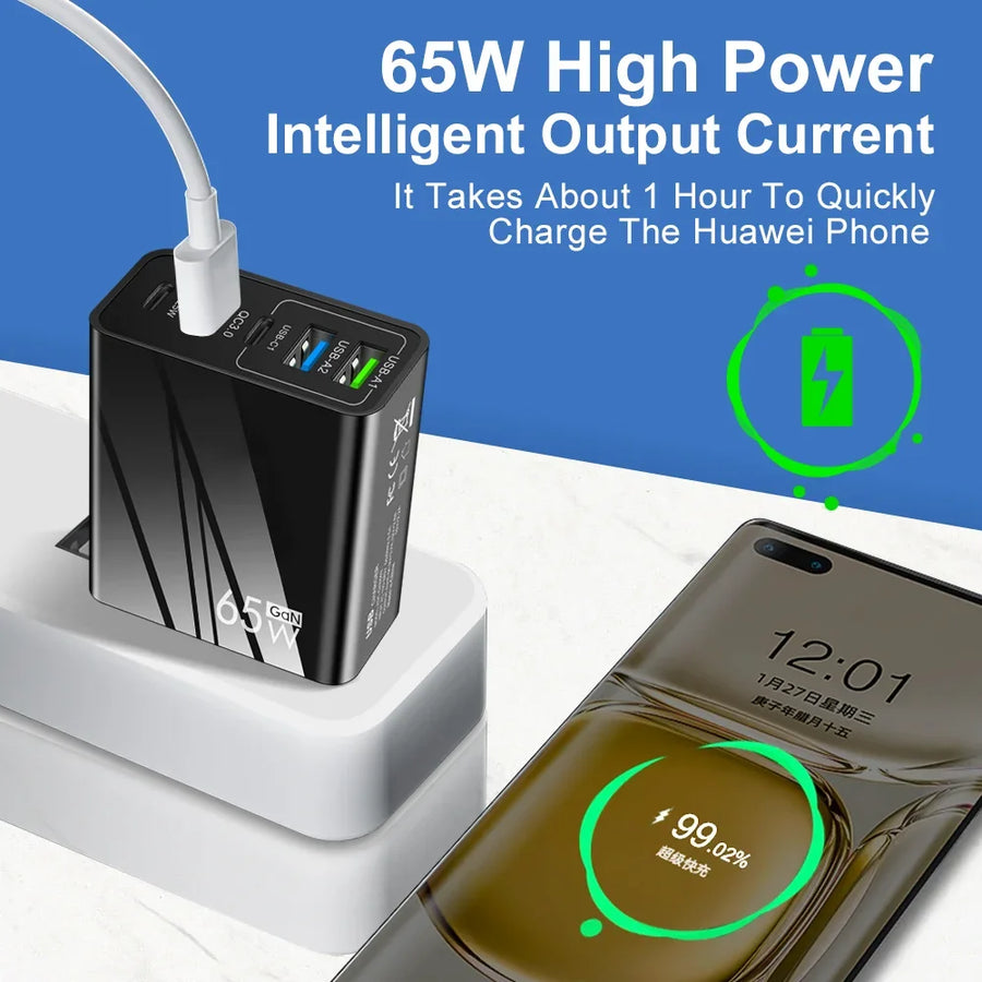 65W Fast Charger with PD & 3 USB Ports – Multi-Interface Travel Adapter 3.1A