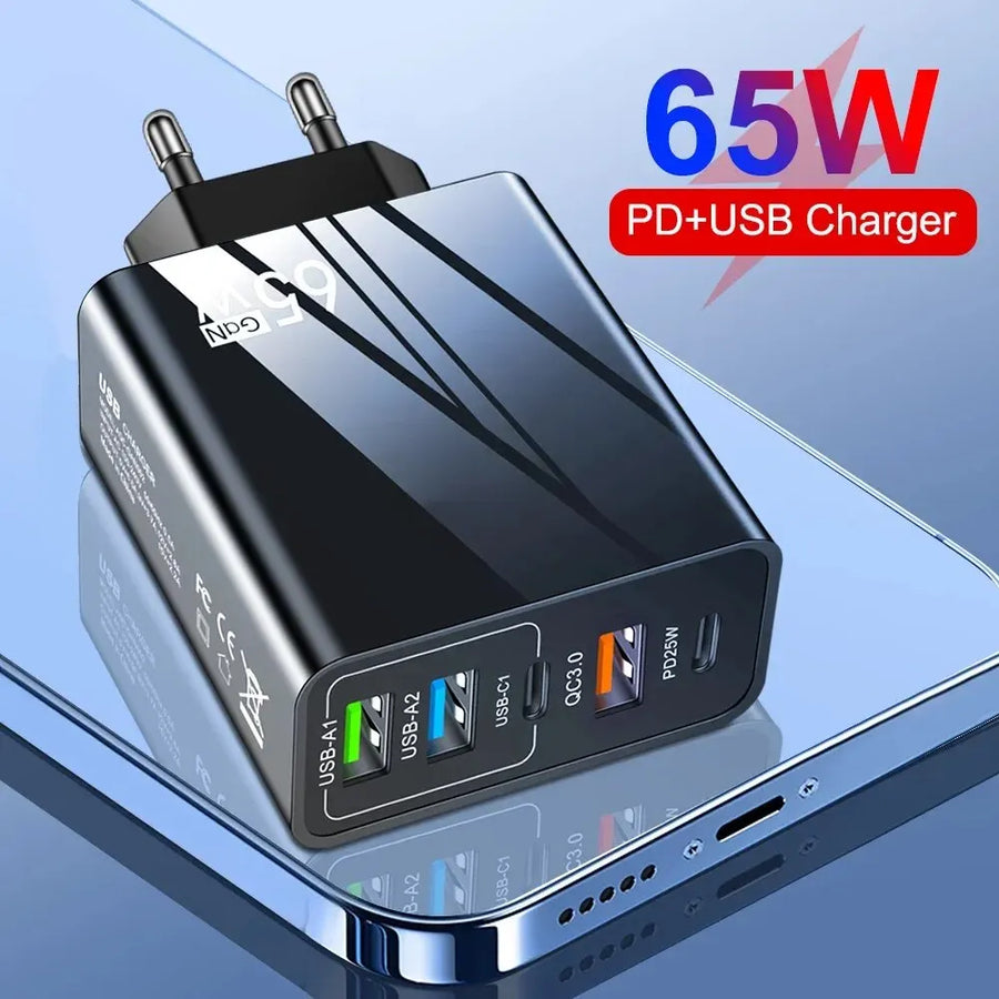 65W Fast Charger with PD & 3 USB Ports – Multi-Interface Travel Adapter 3.1A