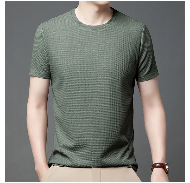 Men's Casual Waffle Knit Short Sleeve T-Shirt Round Neck Design
