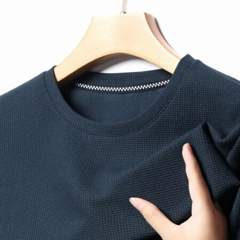 Men's Casual Waffle Knit Short Sleeve T-Shirt Round Neck Design
