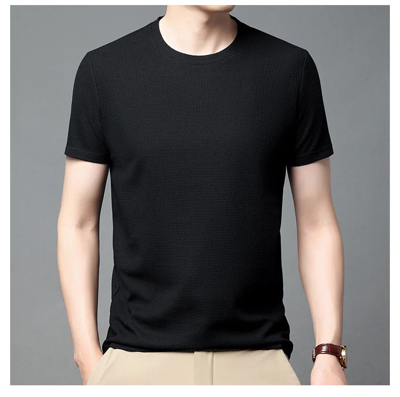 Men's Casual Waffle Knit Short Sleeve T-Shirt Round Neck Design
