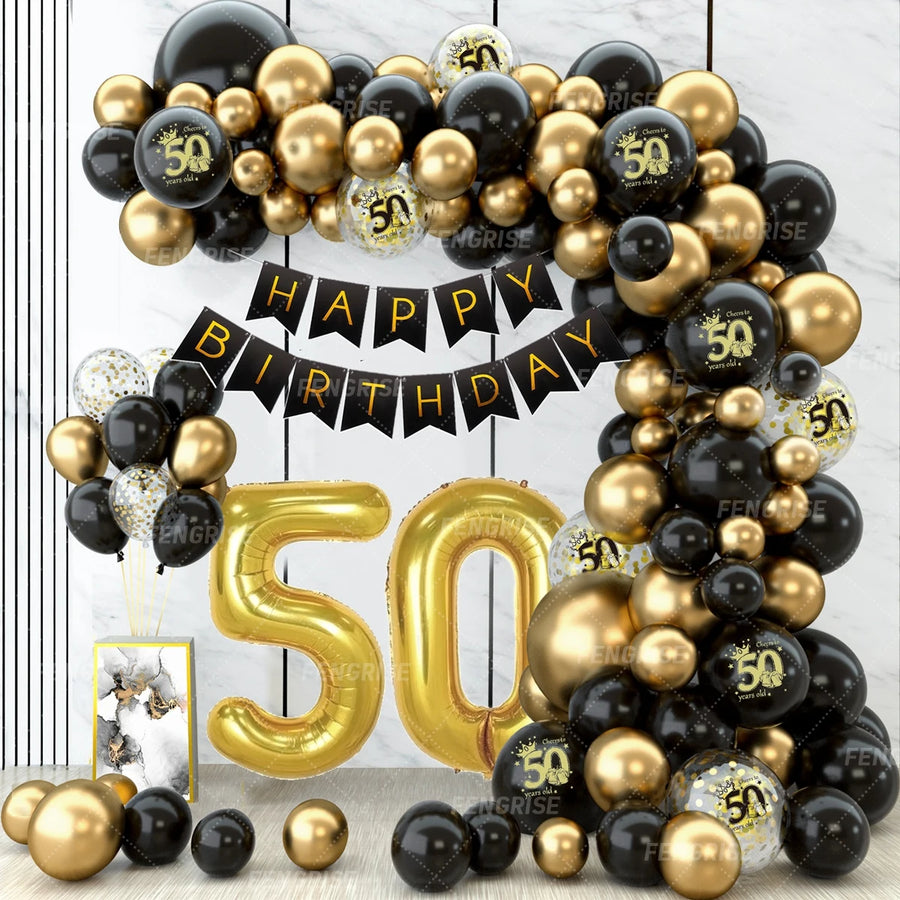 Create a stunning celebration with our Black Gold Balloon Garland Arch Kit! Perfect for milestone birthdays (18, 30, 40, 50 years) and elegant anniversary parties, this kit includes confetti latex balloons and all the essentials for an eye-catching black and gold party theme. Ideal for adult party decorations, this easy-to-assemble garland adds sophistication and charm to any event. Transform your venue with stylish and memorable decor today!