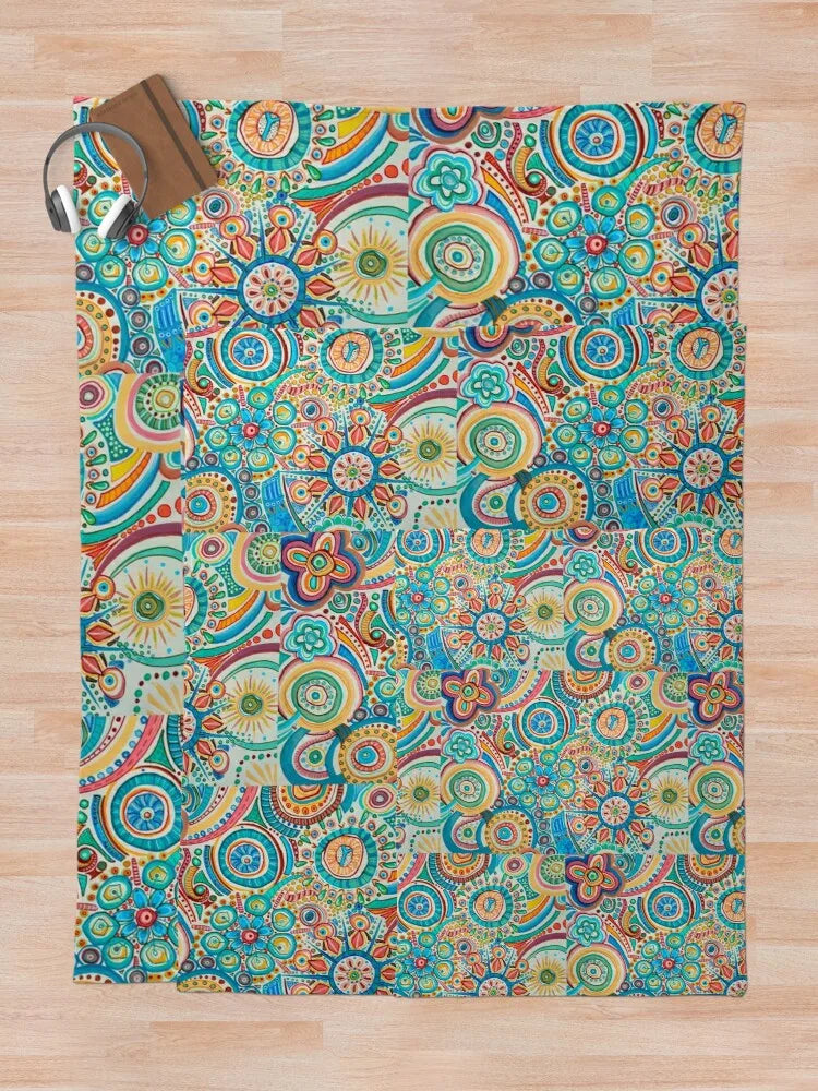 Colorful Mandala Throw Blanket – Joyful Floral Design in Blue, Yellow, Green, Red | Cozy Flannel for Home Deco.