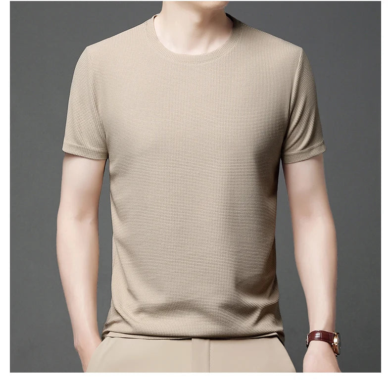 Men's Casual Waffle Knit Short Sleeve T-Shirt Round Neck Design
