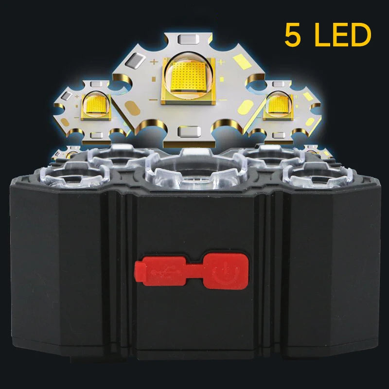 5 LED Rechargeable Flashlight with Built-in Battery – Ultra-Bright Headlamp for Camping, Fishing & Adventure