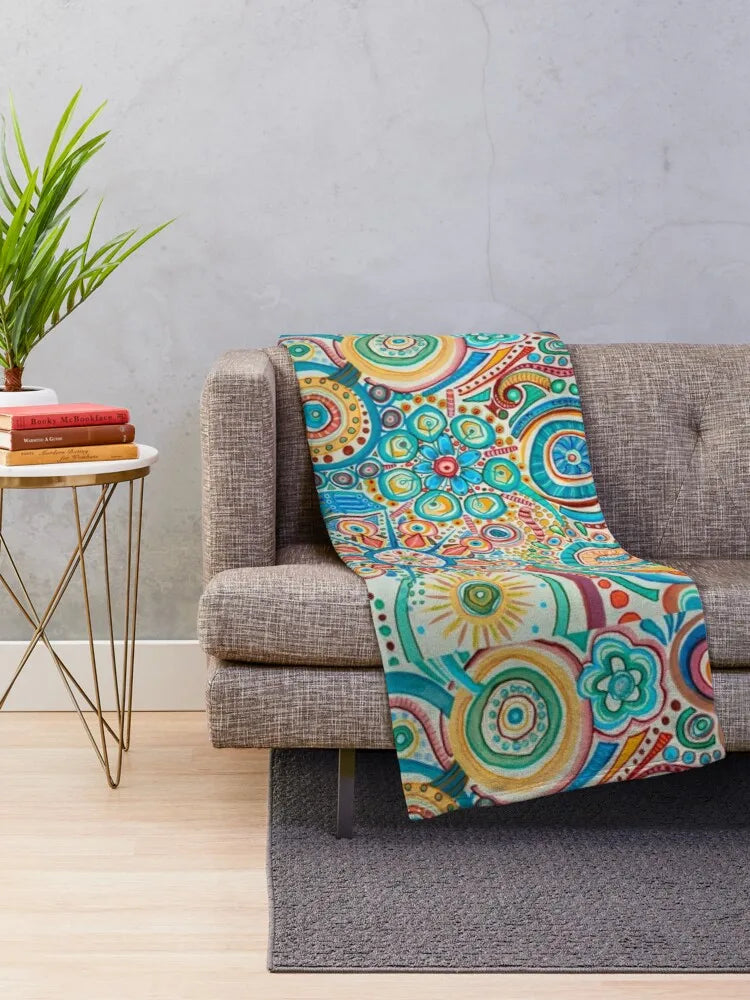 Colorful Mandala Throw Blanket – Joyful Floral Design in Blue, Yellow, Green, Red | Cozy Flannel for Home Deco.