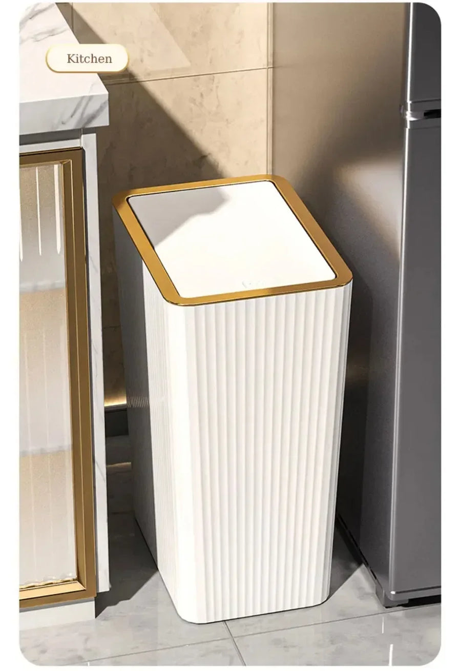 15L Nordic Gold Bathroom Trash Can Covered Slim Trash Can with One-Touch Lid for Bathroom Toilet Living Room Kitchen Bedroom