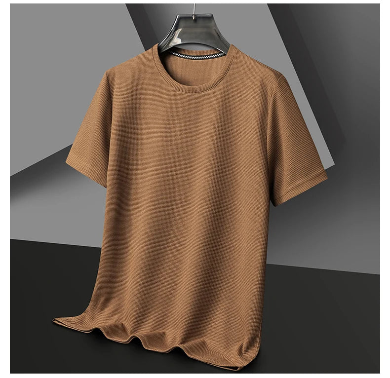 Men's Casual Waffle Knit Short Sleeve T-Shirt Round Neck Design
