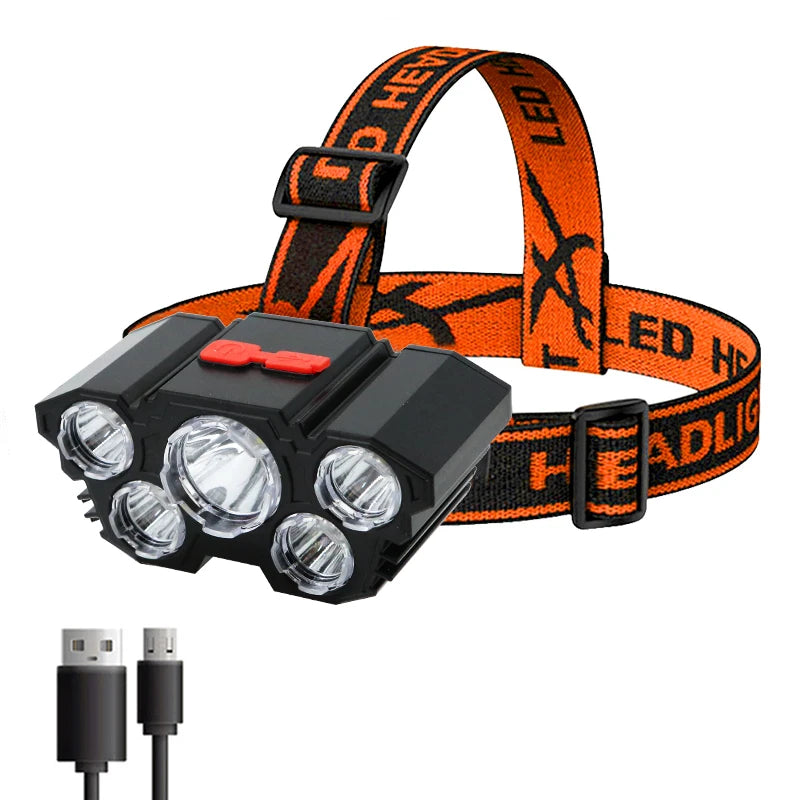 5 LED Rechargeable Flashlight with Built-in Battery – Ultra-Bright Headlamp for Camping, Fishing & Adventure