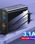 65W Fast Charger with PD & 3 USB Ports – Multi-Interface Travel Adapter 3.1A