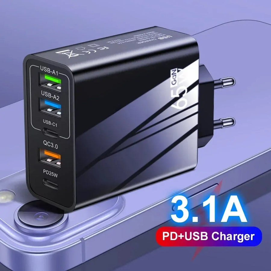 65W Fast Charger with PD & 3 USB Ports – Multi-Interface Travel Adapter 3.1A