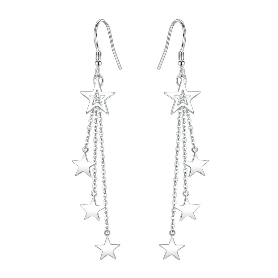 925 Sterling Silver Star Drop Earrings with Multi-Layer Chains for Women