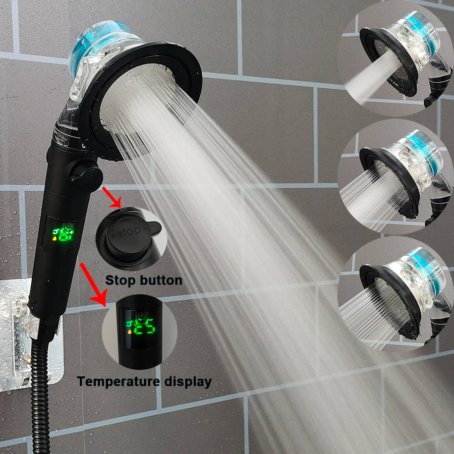 Shower Smarter, Save More: 3-Mode Eco Showerhead with Filtration, Turbo Fan, Adjustable Stop Button, temperature sensor