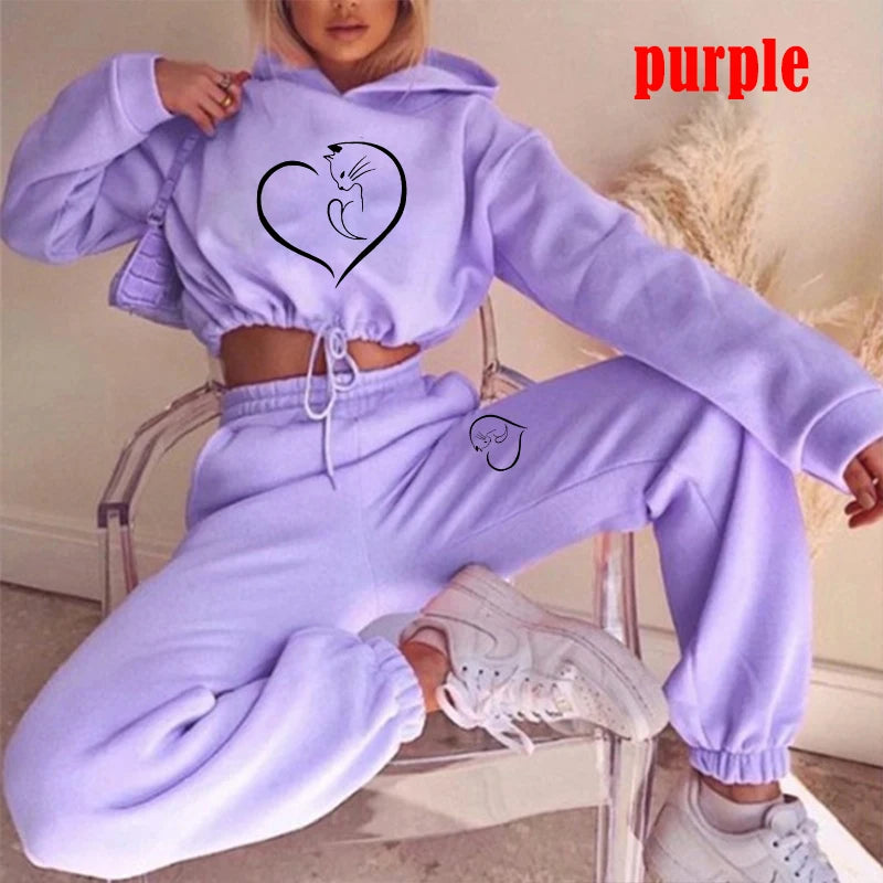 purple Hooded Women’s Tracksuit Fashion Jogging Set with Cropped Hoodie & Sweatpants
