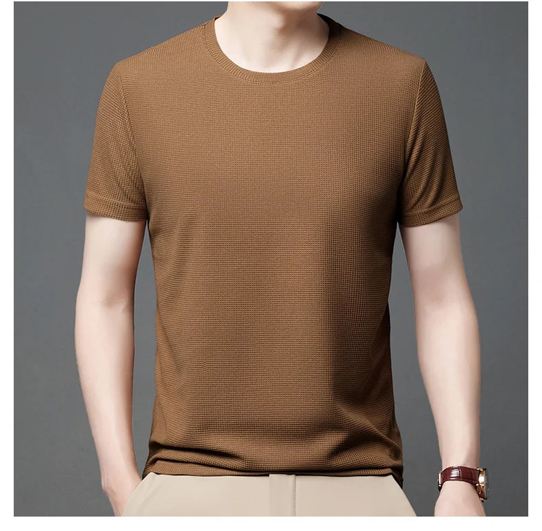 Men's Casual Waffle Knit Short Sleeve T-Shirt Round Neck Design
