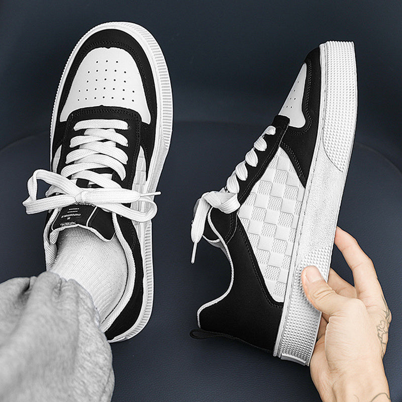 Black and white Casual Lace-up Sneakers for Men Breathable Plaid Flats Shoes